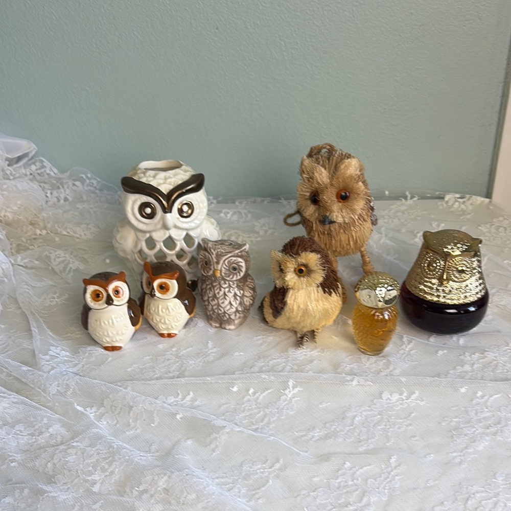 Owl Figurine Set - Brown, White, Gold